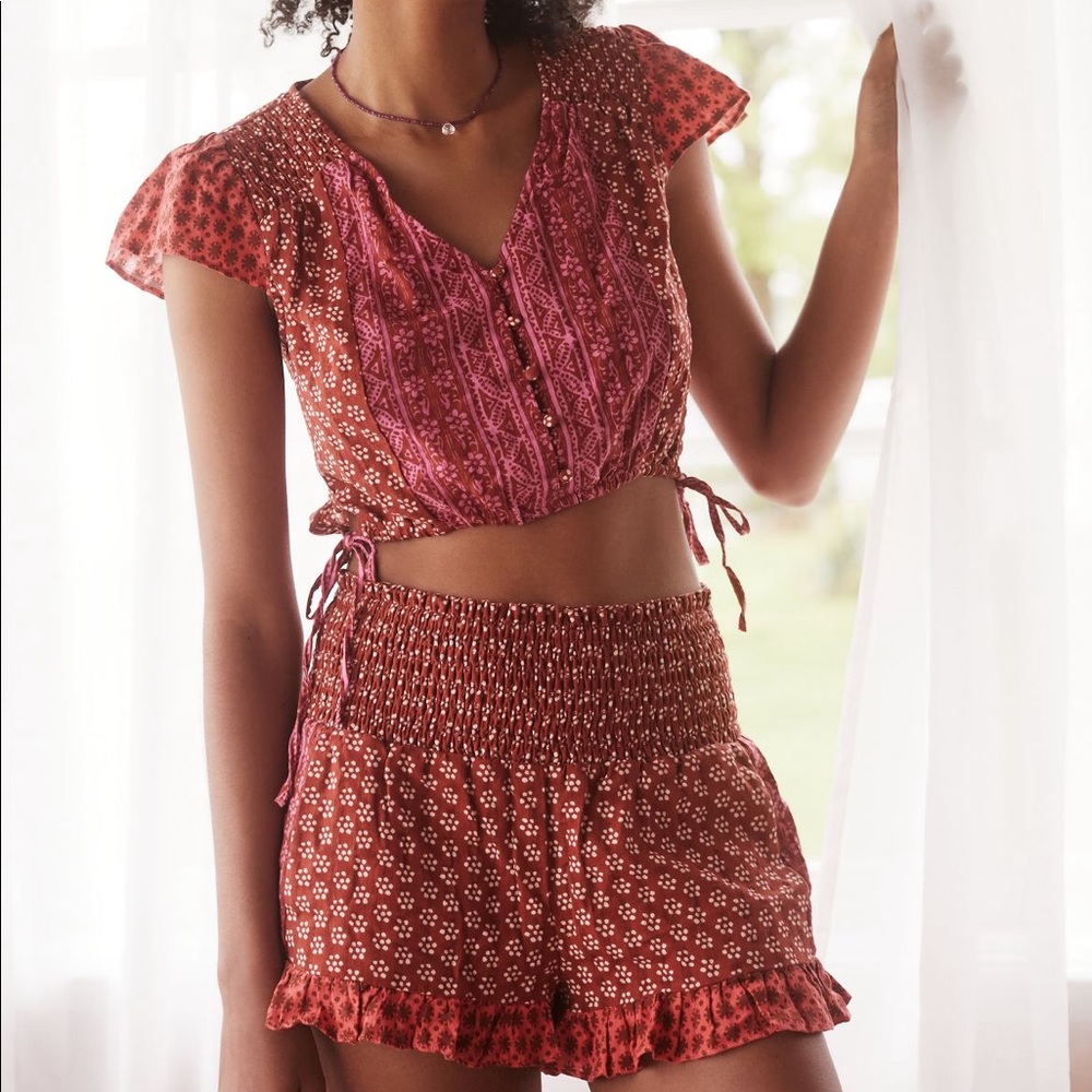 Anthropologie Rusty Rose Printed Crop Top and shorts
